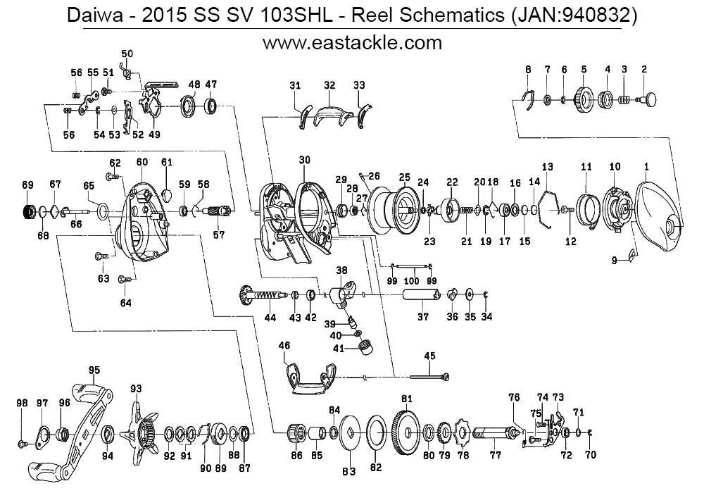 Daiwa - 2015 SS SV 103SHL - Bait Casting Reel - Schematics and Parts (1000-1) (16 Jul 2017)